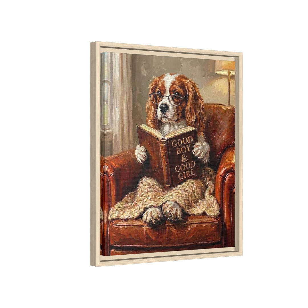 "Evening Read" - Cavalier King Charles Vertical Framed Canvas - Dog Lover Wall Art