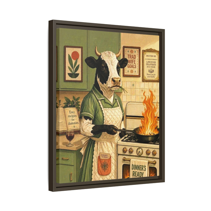 "Trad Wife Goals" - Cow Vertical Framed Canvas - Dark Burnout Humor Wall Art