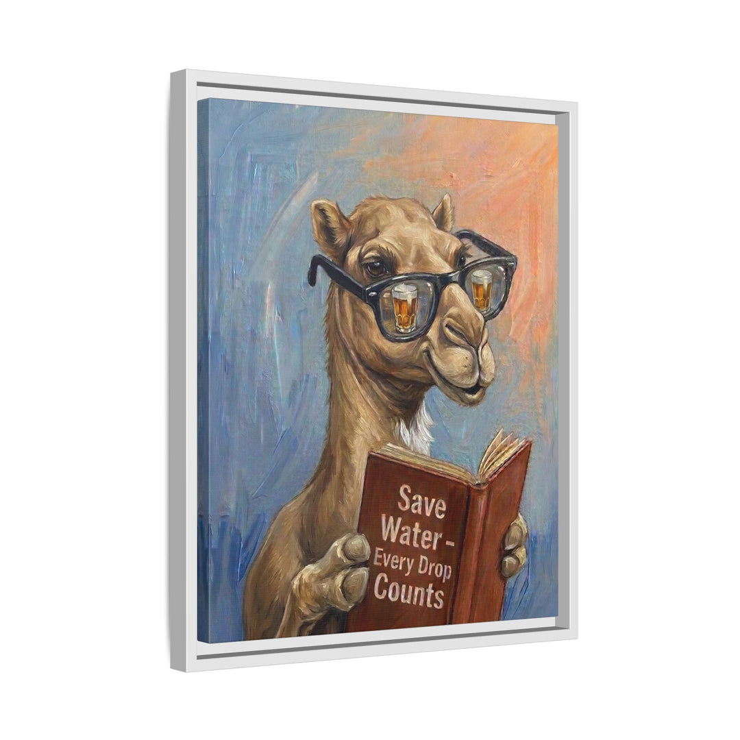 "Save Water" - Camel Vertical Framed Canvas - Animal Book Humor Wall Art