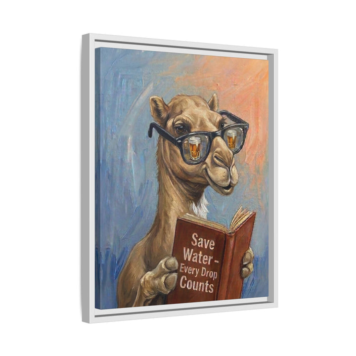 "Save Water" - Camel Vertical Framed Canvas - Animal Book Humor Wall Art