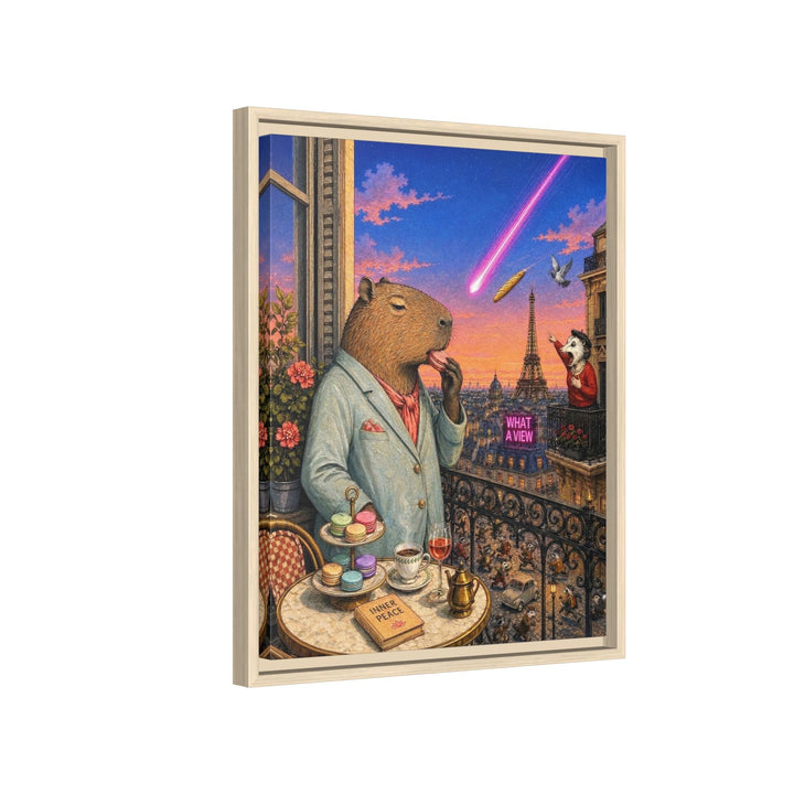 "What a View" - Capybara Vertical Framed Canvas - Dark Burnout Humor Wall Art