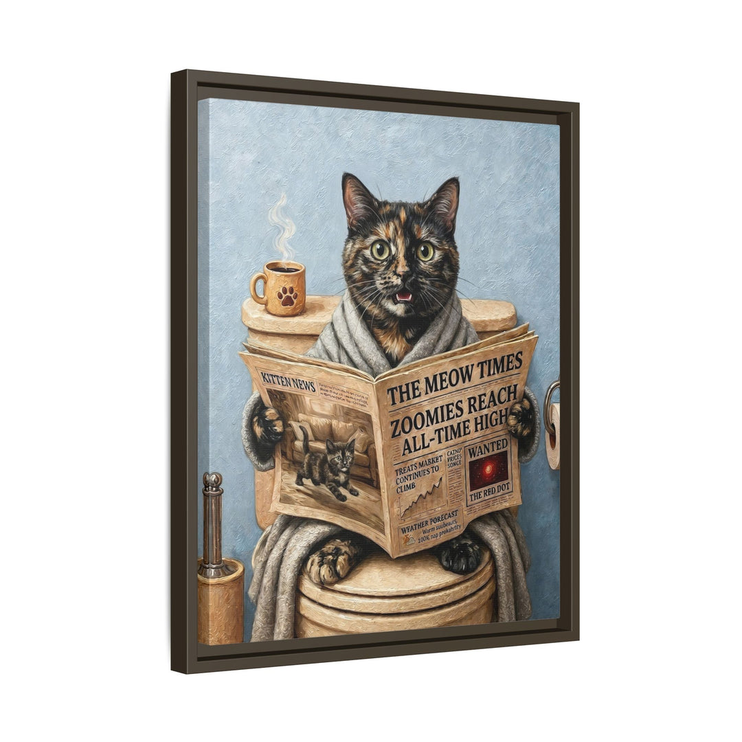 "Morning Business" - Tortoiseshell Vertical Framed Canvas - Cat Lover Wall Art