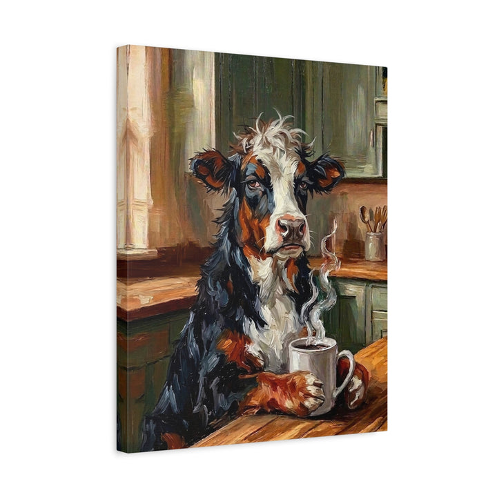 "Coffee & Silence" - Cow Vertical Canvas - Spirit Animal Wall Art