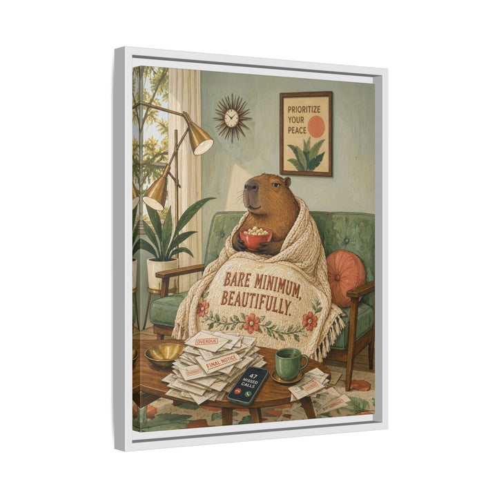 "Bare Minimum" - Capybara Vertical Framed Canvas - Dark Burnout Humor Wall Art