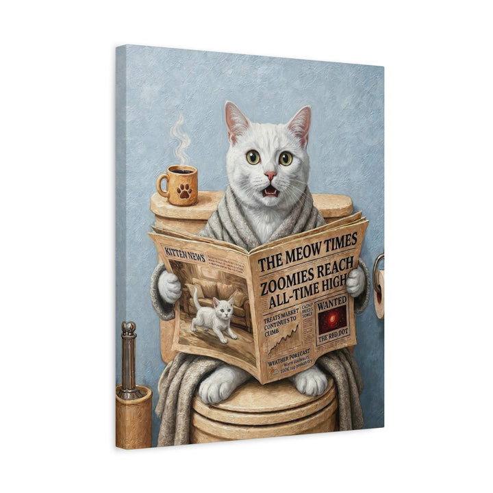 "Morning Business" - White Shorthair Vertical Canvas - Cat Lover Wall Art