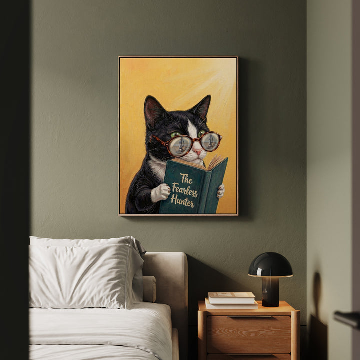 "The Fearless Hunter" - Cat Vertical Framed Canvas - Animal Book Humor Wall Art