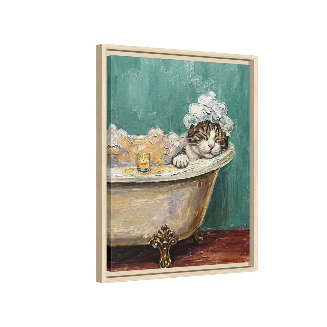 "Spa Day" - Brown Tabby & White Vertical Framed Canvas - Cat Lover Wall Art