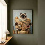 "Morning Business" - Fluffy Colorpoint Vertical Canvas - Cat Lover Wall Art