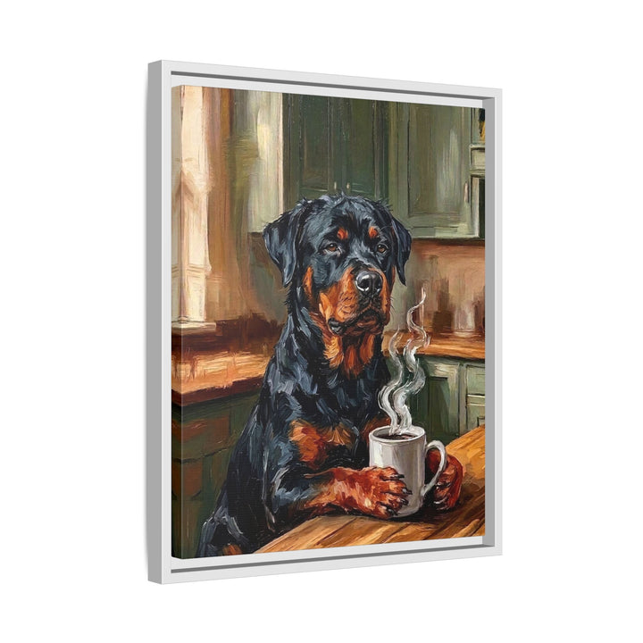 "Before Coffee" - Rottweiler Vertical Framed Canvas - Dog Lover Wall Art