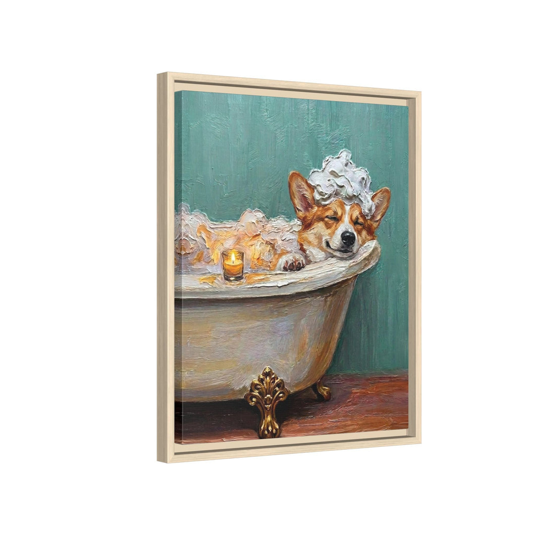 "Spa Day" - Corgi Vertical Framed Canvas - Dog Lover Wall Art