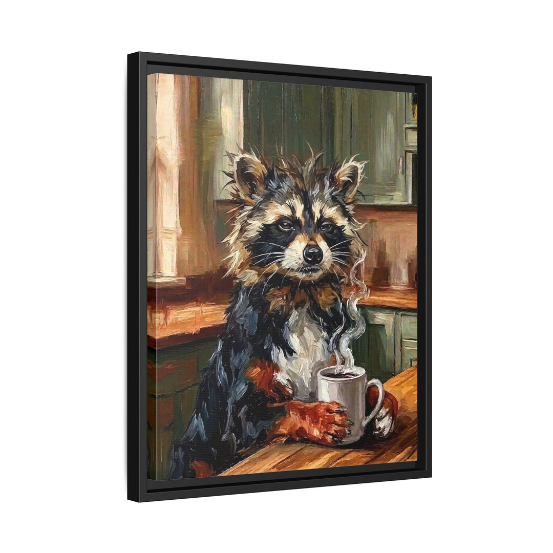 "Coffee & Silence" - Raccoon Vertical Framed Canvas - Spirit Animal Wall Art