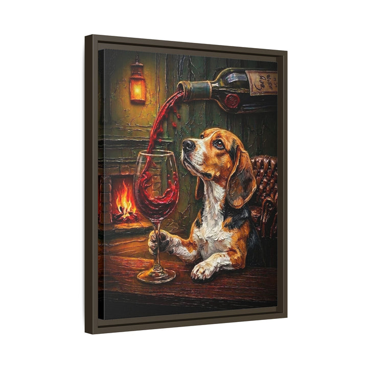 "Wine & Woof" - Beagle Vertical Framed Canvas - Dog Lover Wall Art