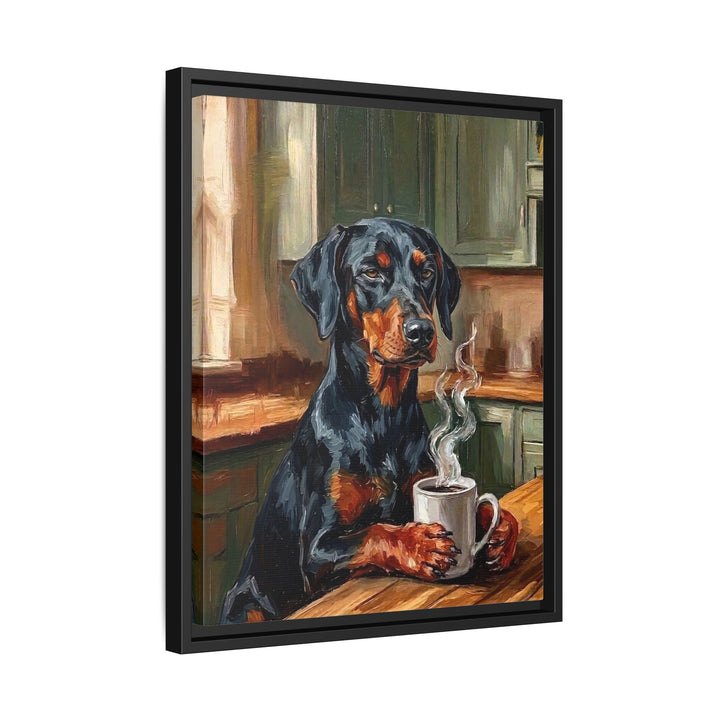 "Before Coffee" - Doberman Vertical Framed Canvas - Dog Lover Wall Art