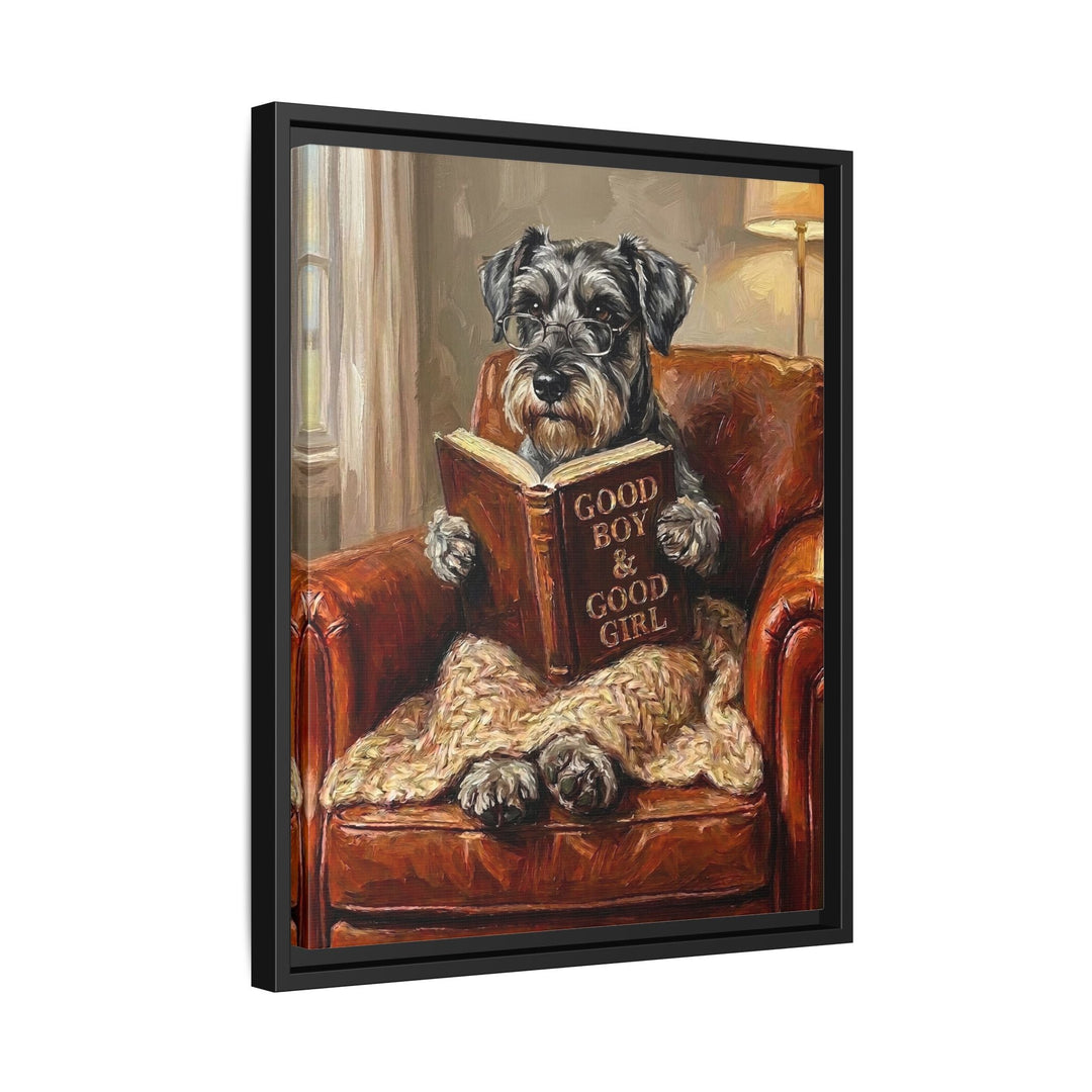 "Evening Read" - Schnauzer Vertical Framed Canvas - Dog Lover Wall Art