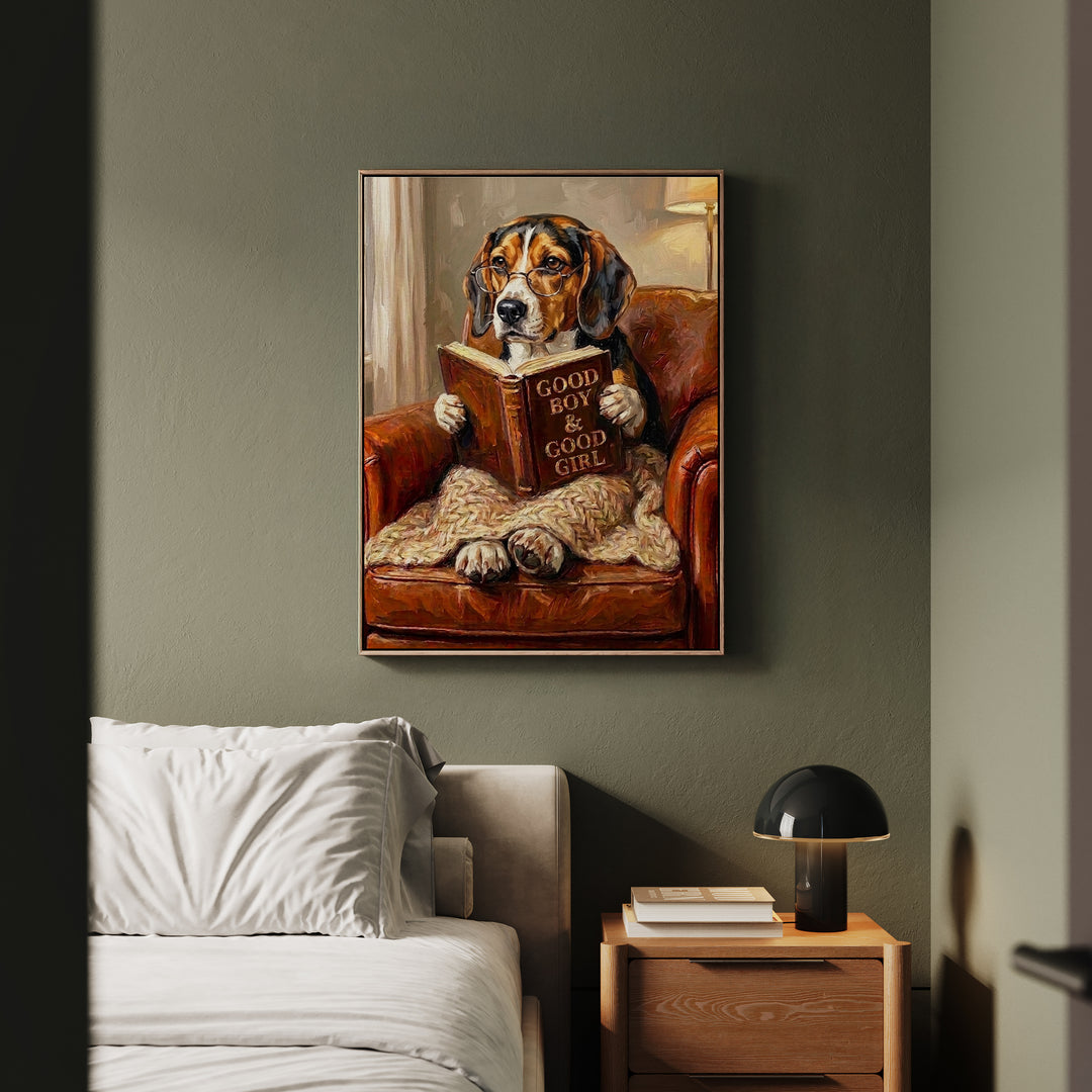 "Evening Read" - Beagle Vertical Framed Canvas - Dog Lover Wall Art