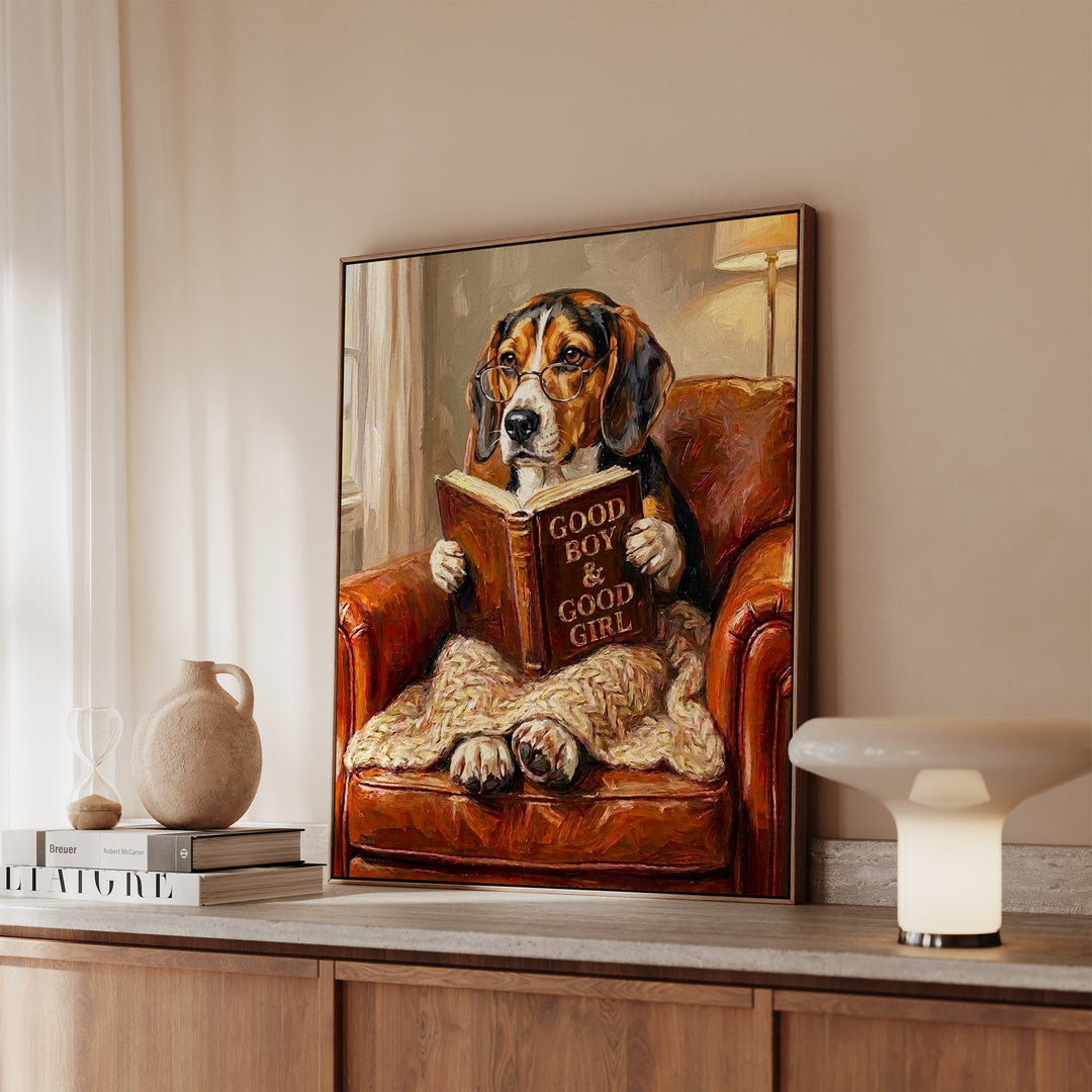 Beagle Evening Read Framed Canvas