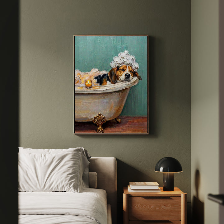 "Spa Day" - Beagle Vertical Framed Canvas - Dog Lover Wall Art