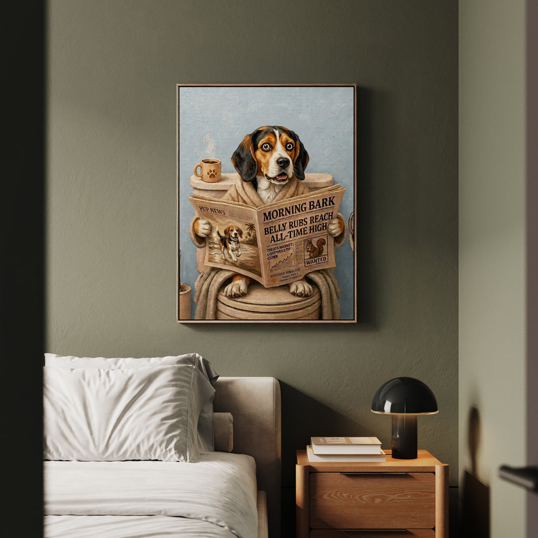 "Morning Business" - Beagle Vertical Framed Canvas - Dog Lover Wall Art