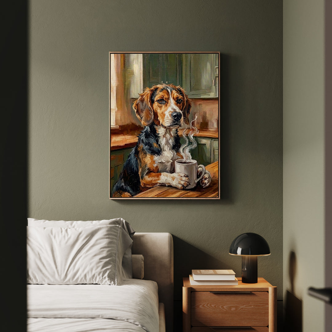 "Before Coffee" - Beagle Vertical Framed Canvas - Dog Lover Wall Art