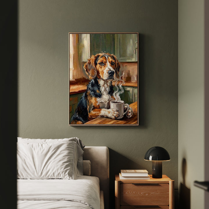 "Before Coffee" - Beagle Vertical Framed Canvas - Dog Lover Wall Art