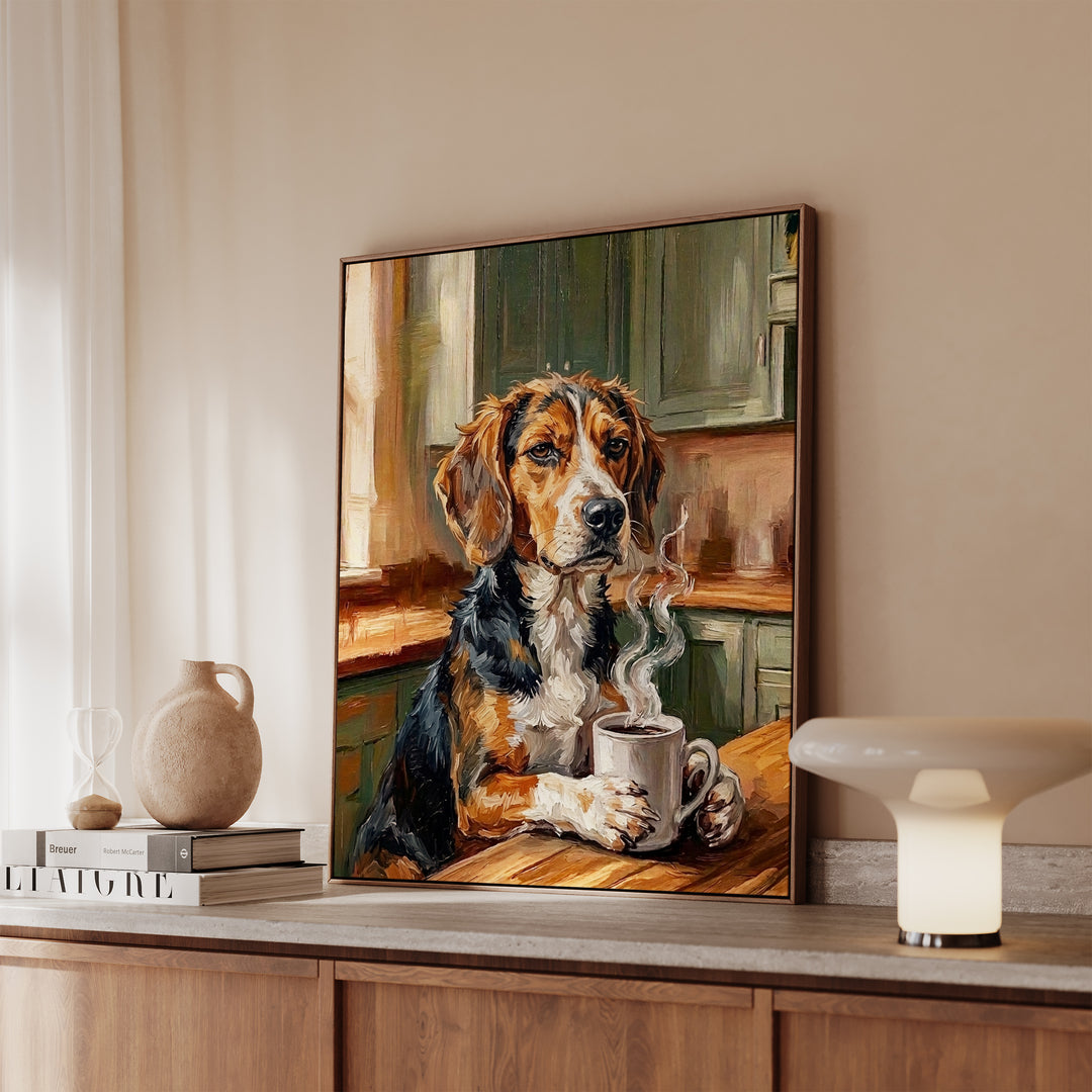 Beagle Before Coffee Framed Canvas