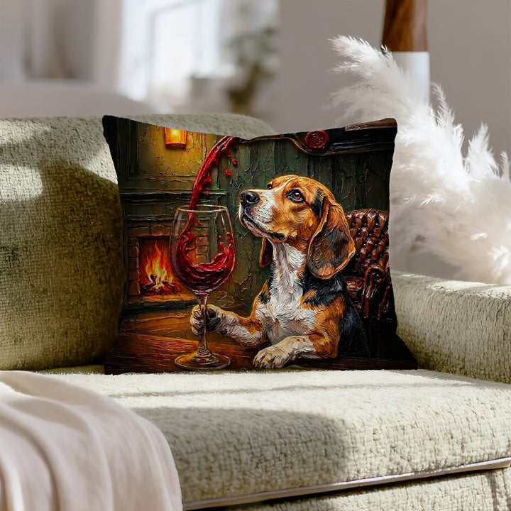 "Wine & Woof" - Beagle Pillow Cover - Dog Lover Home Decor