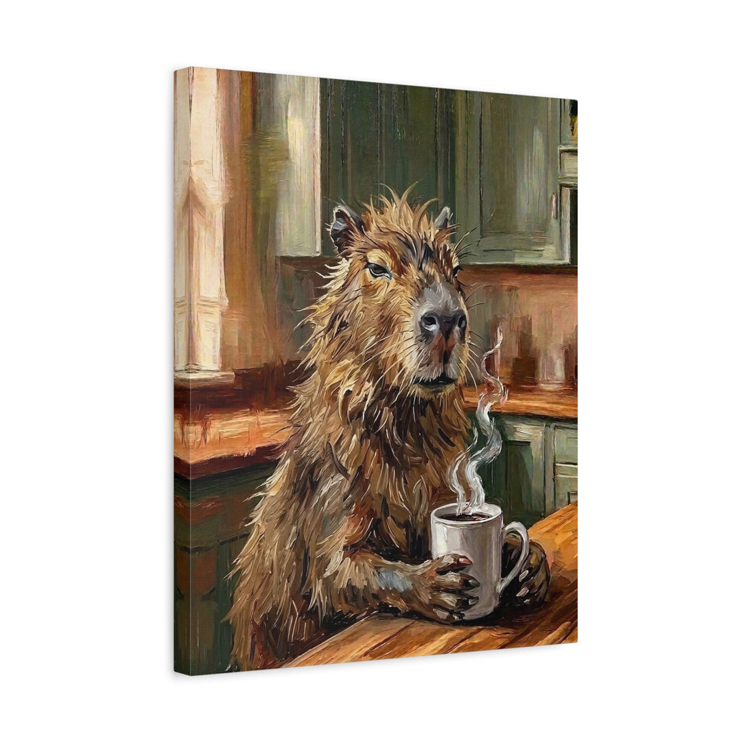 "Coffee & Silence" - Capybara Vertical Canvas - Spirit Animal Wall Art