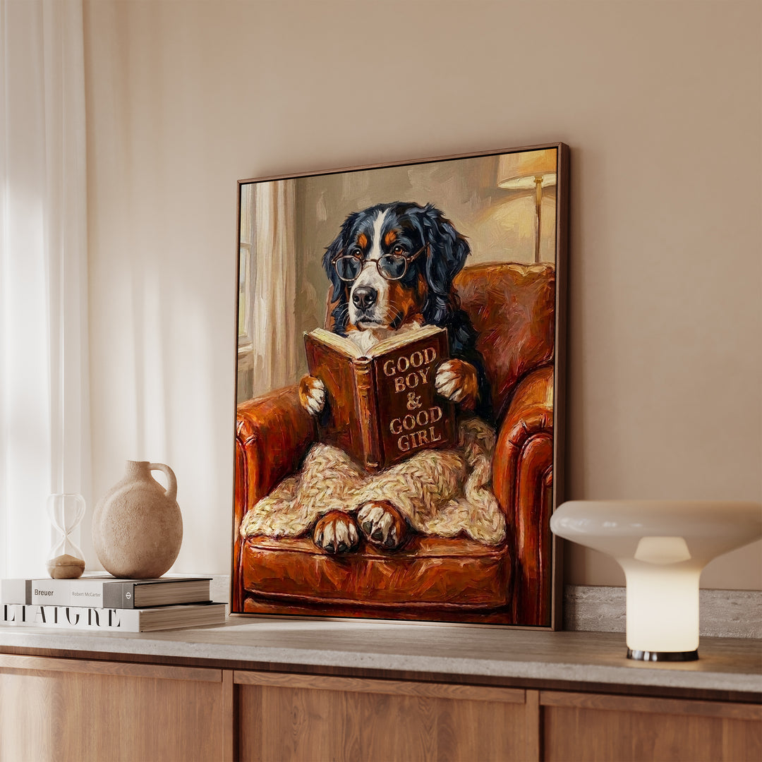 Bernese Mountain Dog Evening Read Framed Canvas