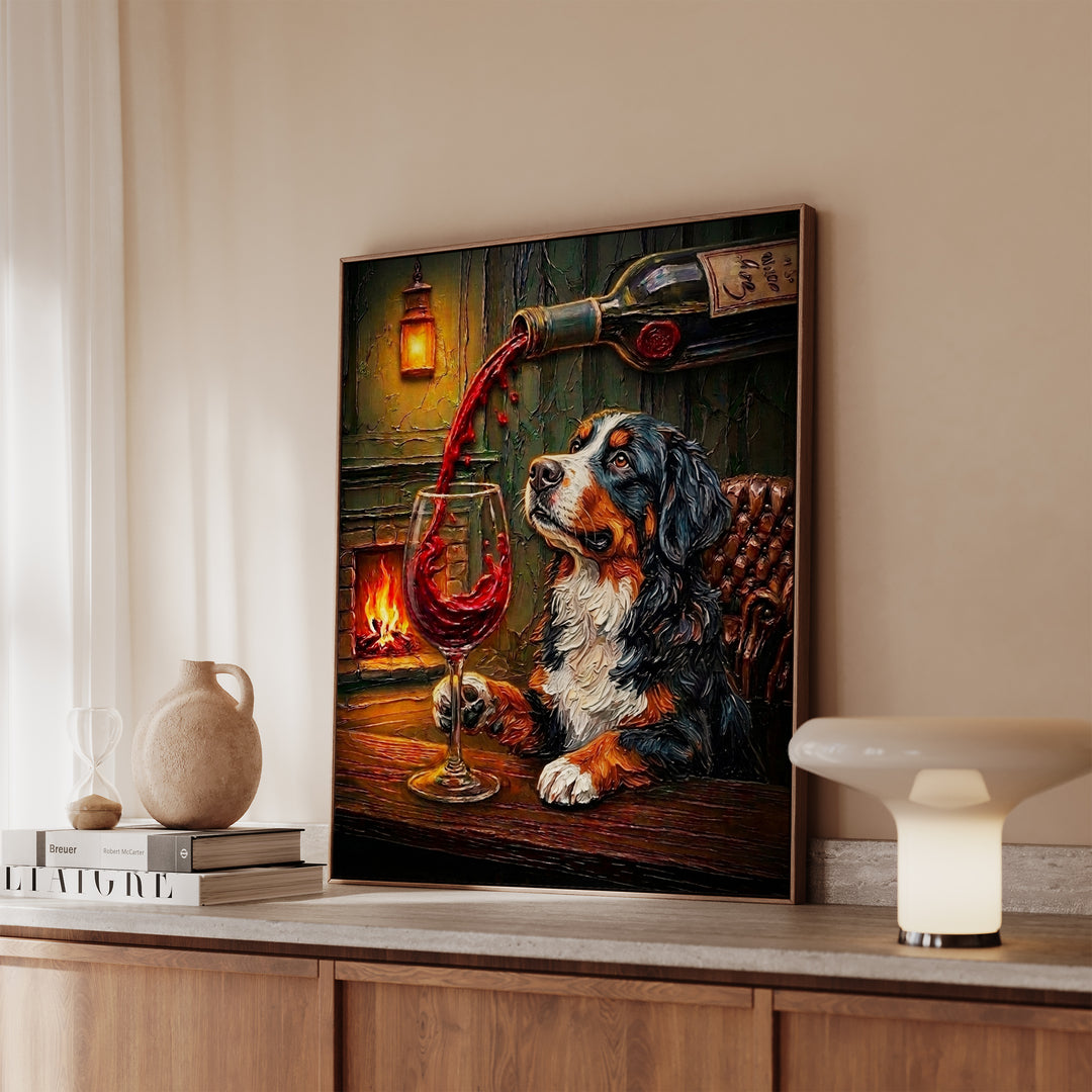 Bernese Mountain Dog Wine & Woof Framed Canvas