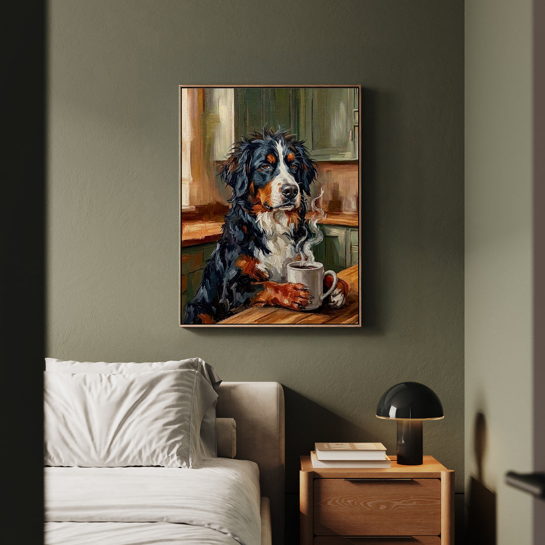 "Before Coffee" - Bernese Mountain Dog Vertical Framed Canvas - Dog Lover Wall Art