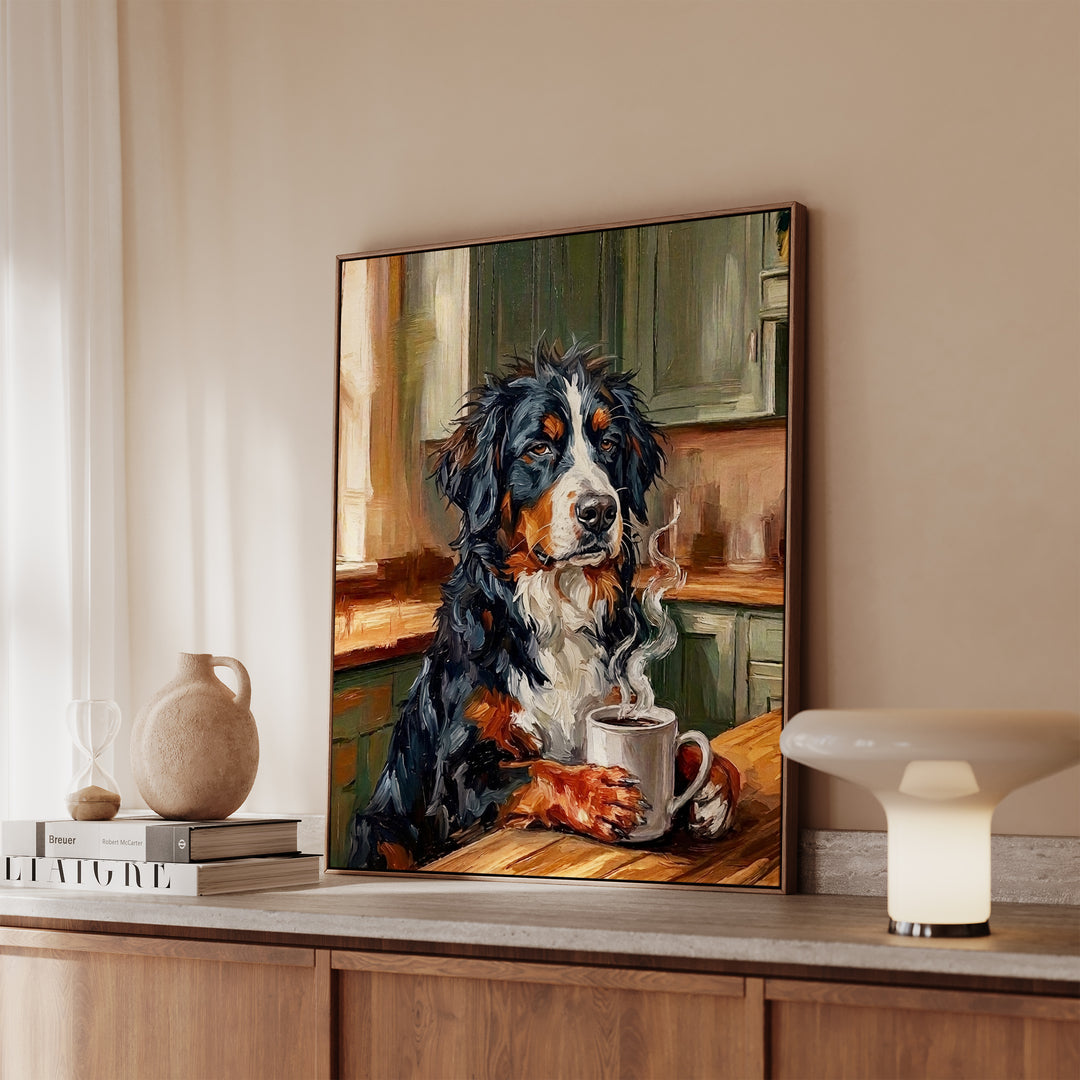 Bernese Mountain Dog Before Coffee Framed Canvas