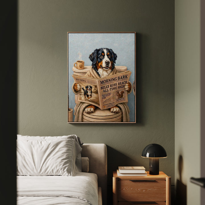 "Morning Business" - Bernese Mountain Dog Vertical Framed Canvas - Dog Lover Wall Art