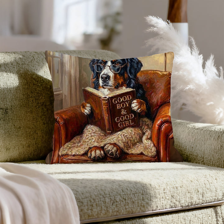 "Evening Read" - Bernese Mountain Dog Throw Pillow - Dog Lover Home Decor