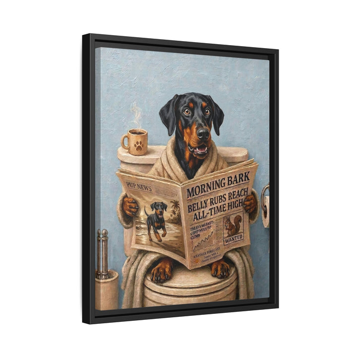 "Morning Business" - Doberman Vertical Framed Canvas - Dog Lover Wall Art