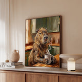 "Coffee & Silence" - Capybara Vertical Framed Canvas - Spirit Animal Wall Art