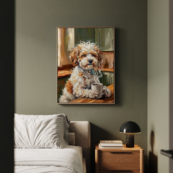 "Before Coffee" - Bichon Frise Vertical Framed Canvas - Dog Lover Wall Art
