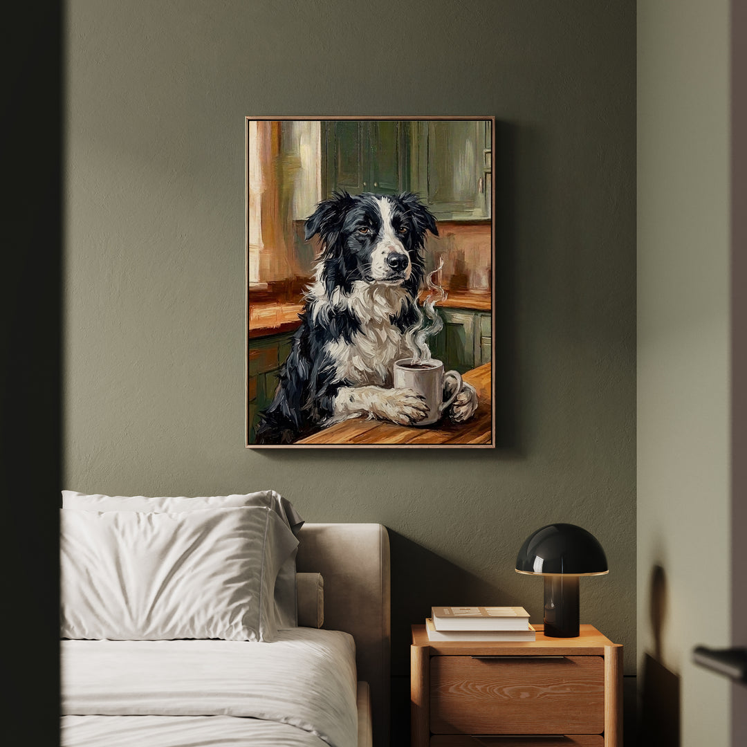 "Before Coffee" - Border Collie Vertical Framed Canvas - Dog Lover Wall Art