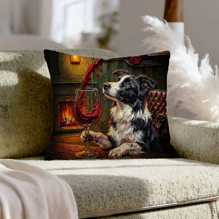 "Wine & Woof" - Border Collie Pillow Cover - Dog Lover Home Decor