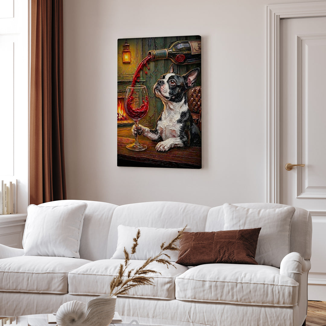 "Wine & Woof" - Boston Terrier Vertical Canvas - Dog Lover Wall Art