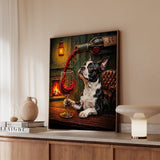 "Wine & Woof" - Boston Terrier Vertical Framed Canvas - Dog Lover Wall Art