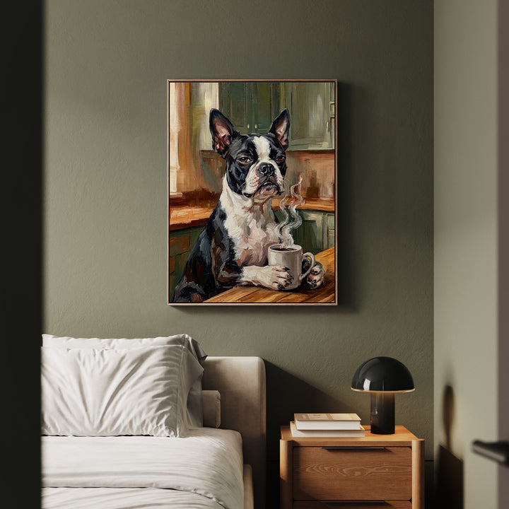 "Before Coffee" - Boston Terrier Vertical Framed Canvas - Dog Lover Wall Art