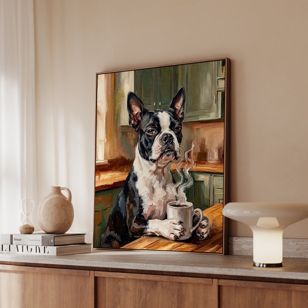 Boston Terrier Before Coffee Framed Canvas