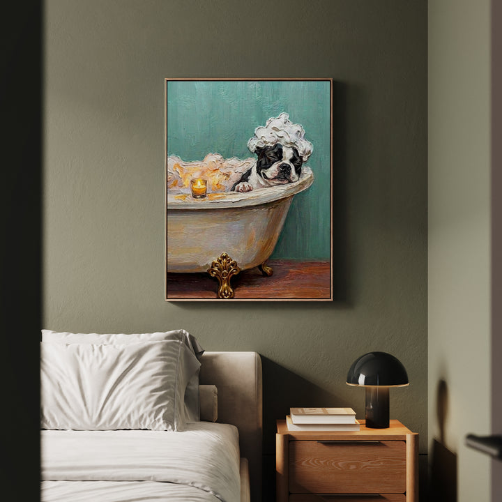 "Spa Day" - Boston Terrier Vertical Framed Canvas - Dog Lover Wall Art