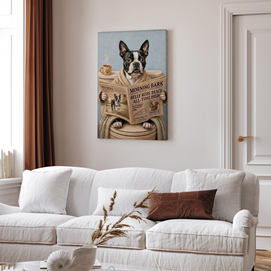 "Morning Business" - Boston Terrier Vertical Canvas - Dog Lover Wall Art