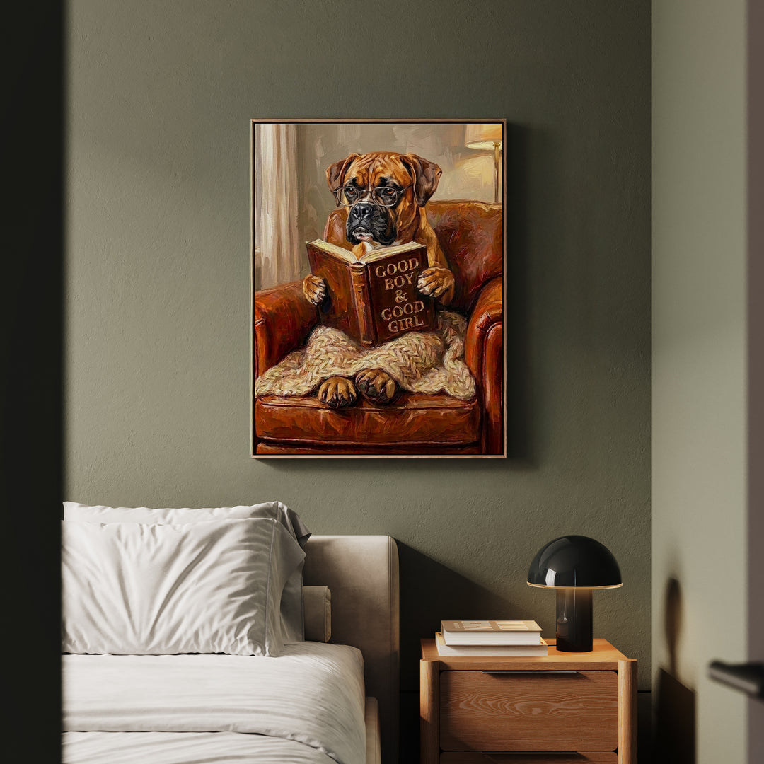 "Evening Read" - Boxer Vertical Framed Canvas - Dog Lover Wall Art