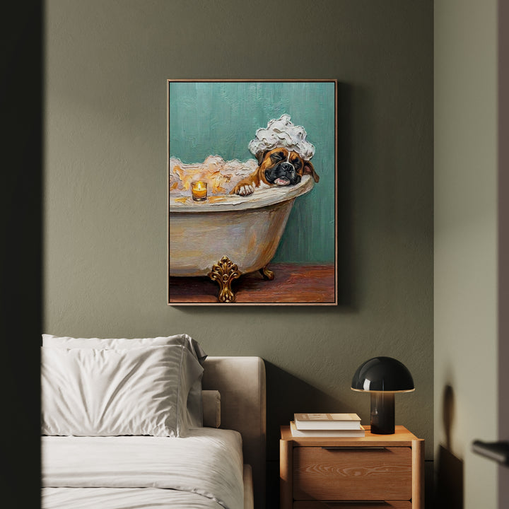"Spa Day" - Boxer Vertical Framed Canvas - Dog Lover Wall Art