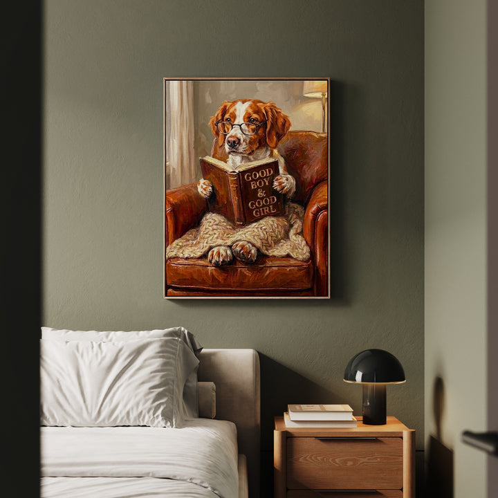 "Evening Read" - Brittany Spaniel Vertical Framed Canvas - Dog Lover Wall Art