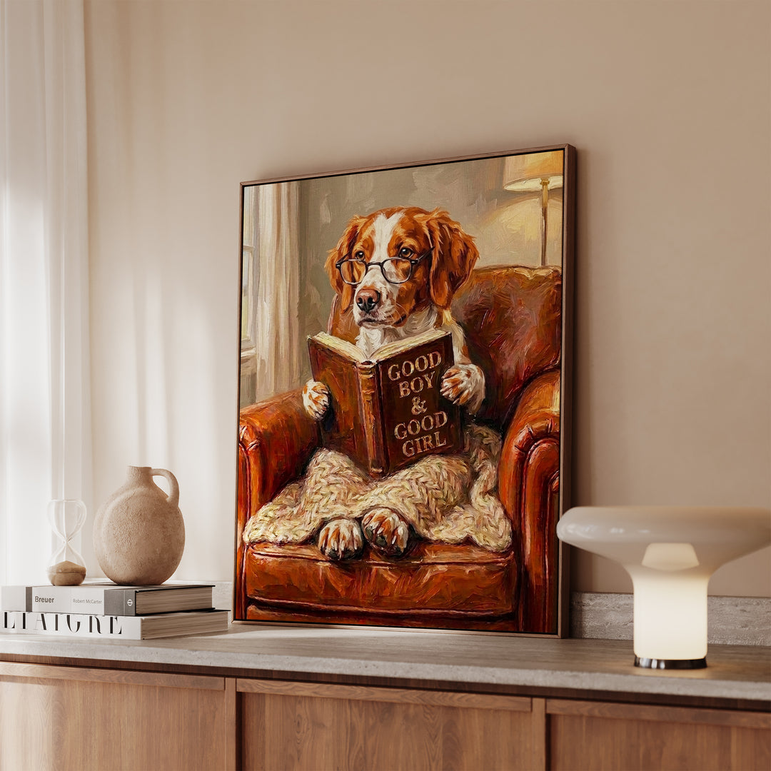 Brittany Spaniel Evening Read Framed Canvas