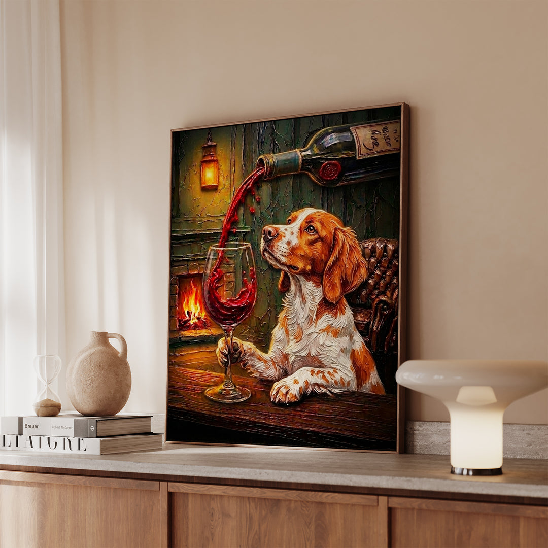 Brittany Spaniel Wine & Woof Framed Canvas