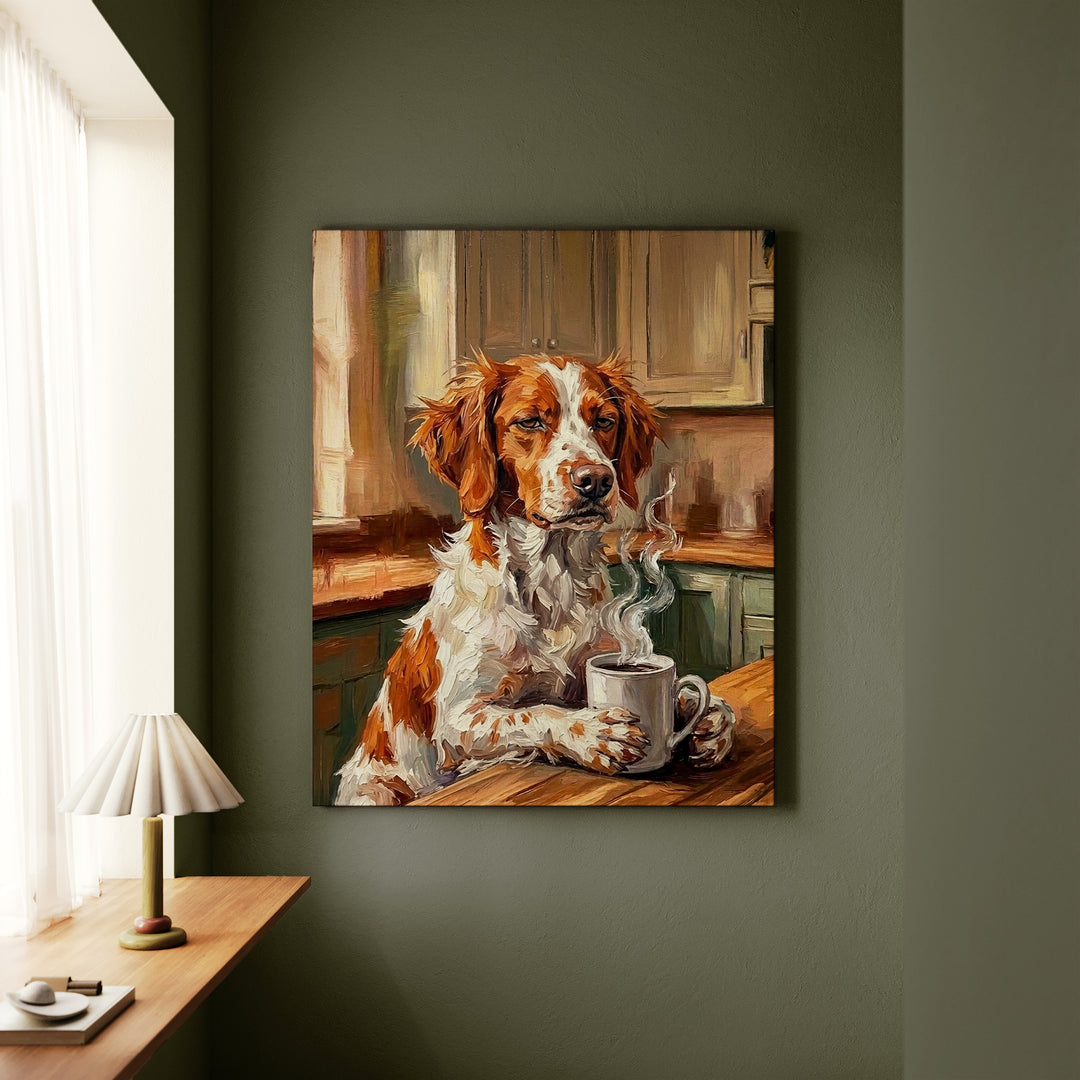 Brittany Spaniel Before Coffee Canvas